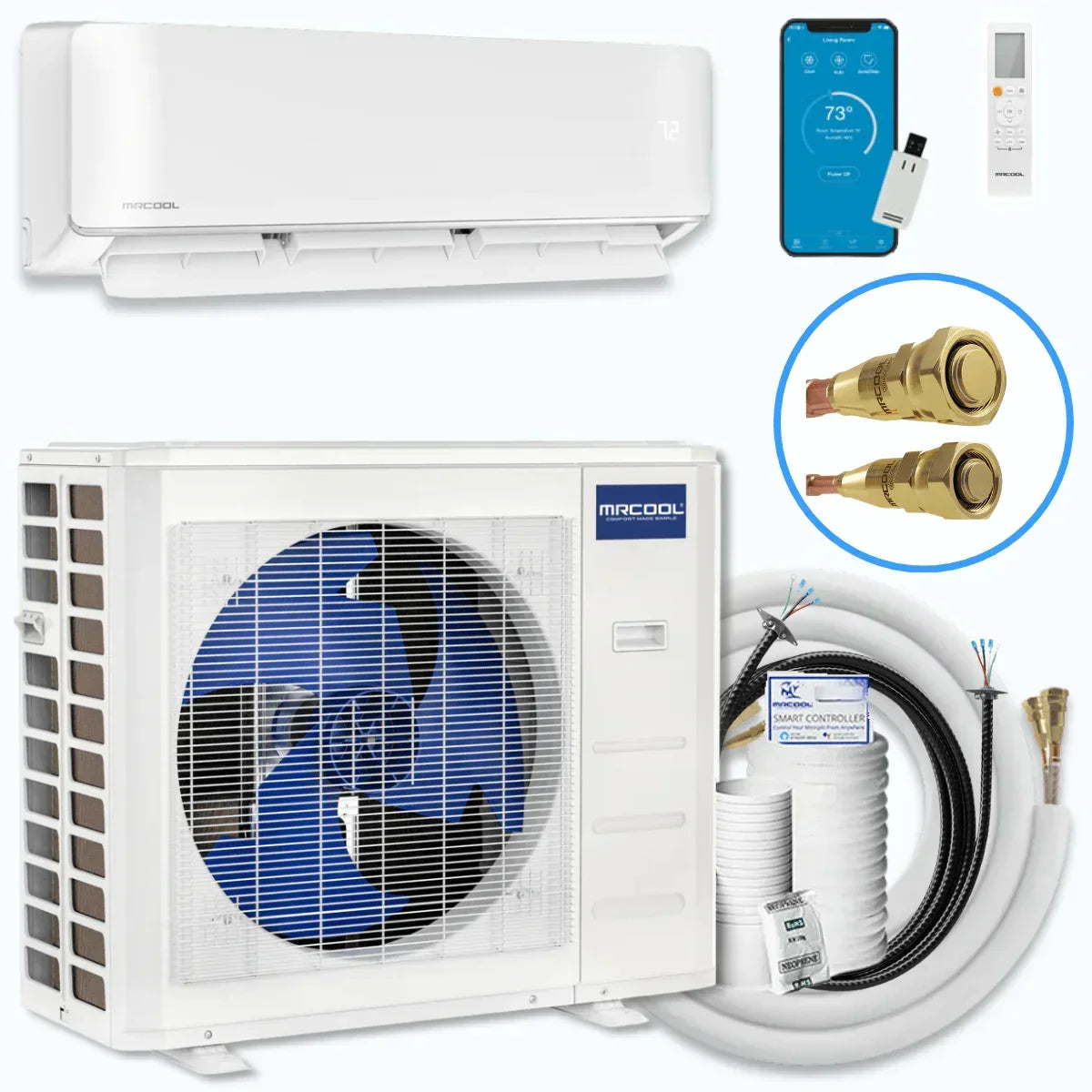 MRCOOL ductless mini split air conditioner system with indoor unit, outdoor unit, remote, smartphone control, and installation kit