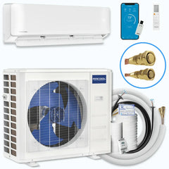 MRCOOL ductless mini split air conditioner heat pump system with indoor and outdoor units, remote, and installation kit