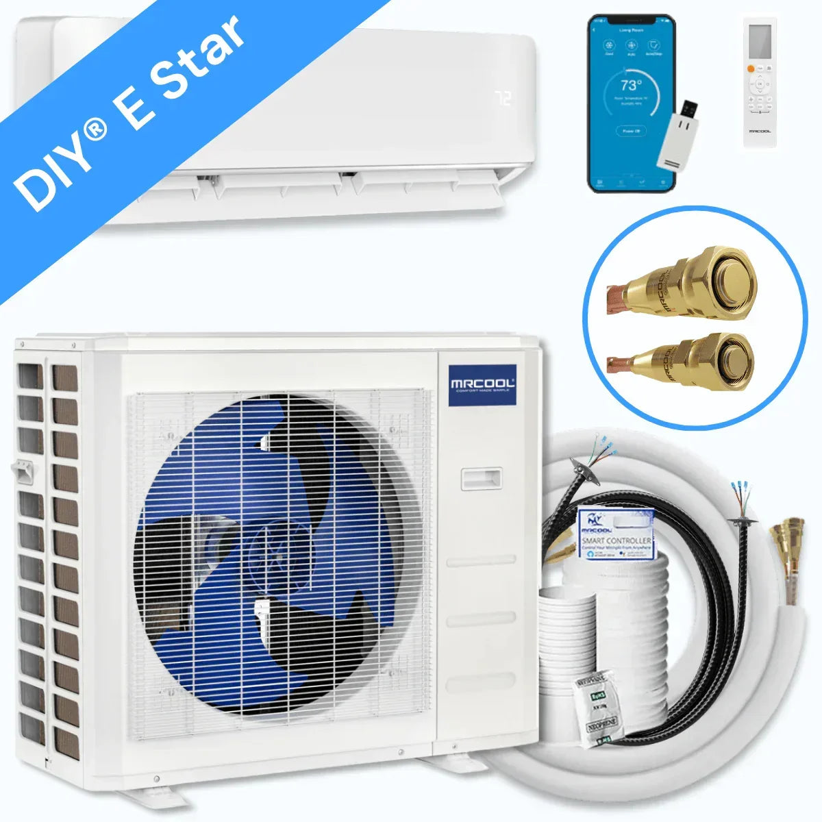 MRCOOL DIY E Star ductless mini split AC unit with indoor and outdoor components, smart controller, remote, and installation kit.