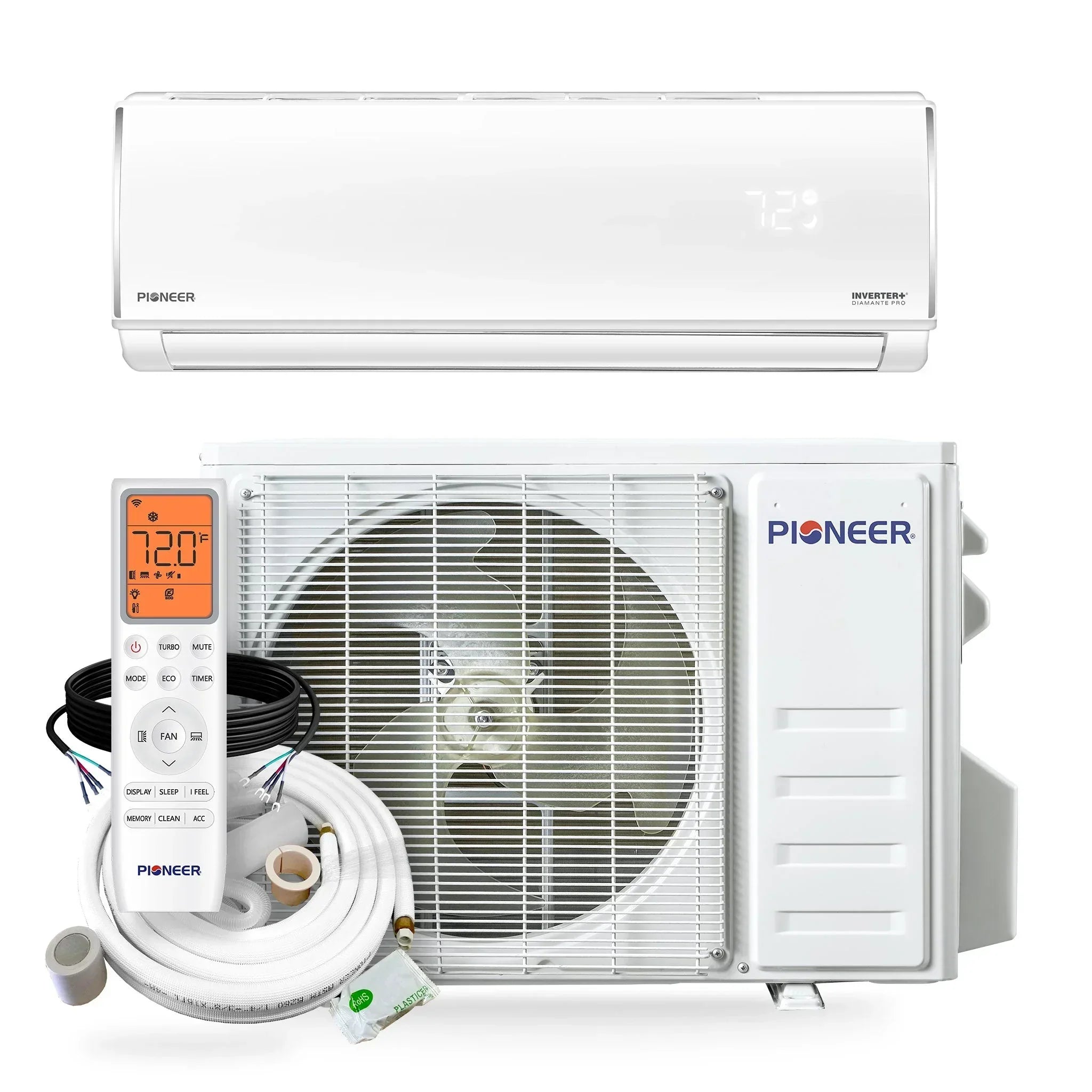 Pioneer® Diamante Pro™ 9,000 BTU 19 SEER2 115V High-Wall Ductless Energy-Star Mini-Split Air Conditioner Inverter Heat Pump with 16 Ft. Kit - Green Vista Living