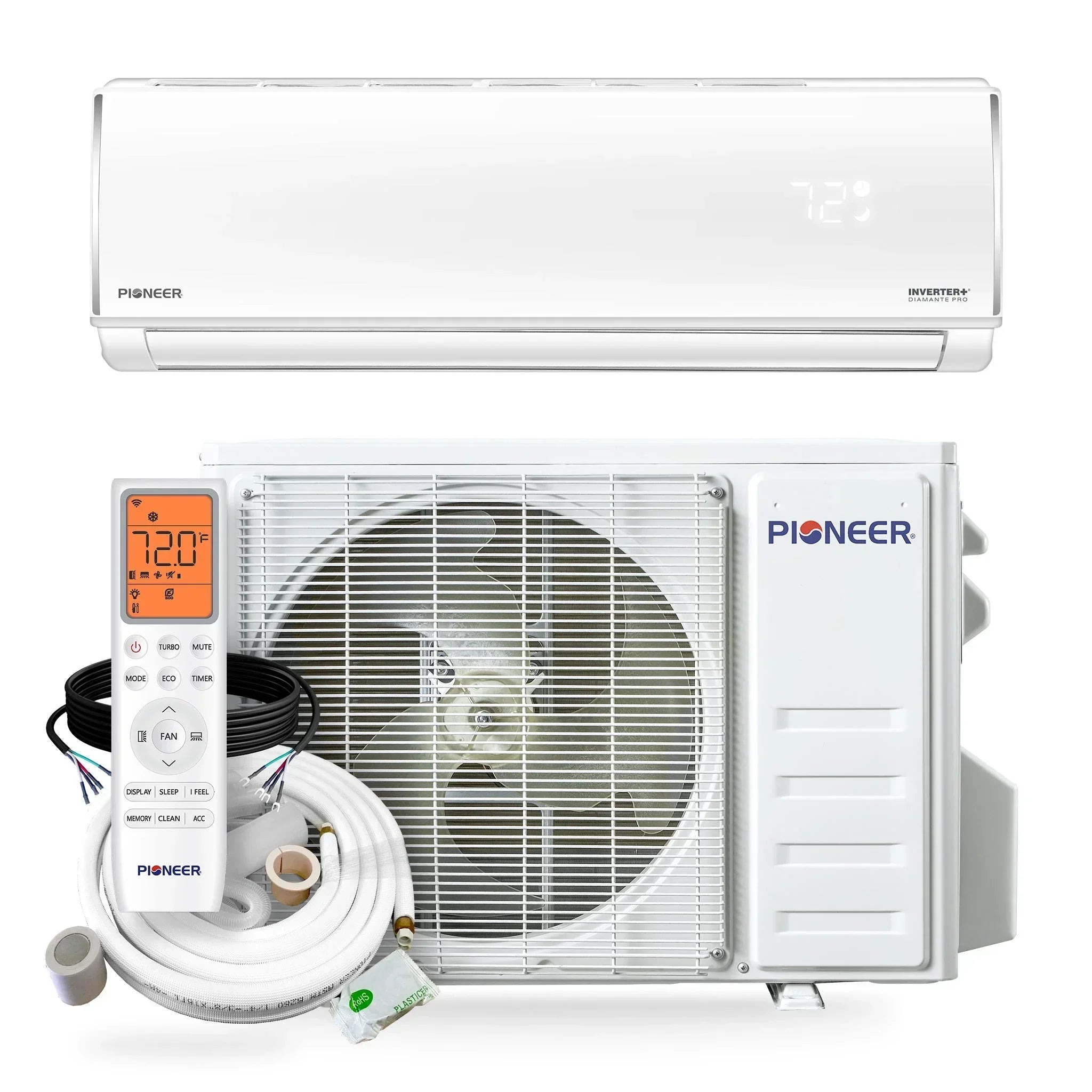 Pioneer® Diamante Pro™ 18,000 BTU 21 SEER2 230V High-Wall Ductless Mini-Split Air Conditioner Inverter Heat Pump with 16 Ft. Kit - Green Vista Living