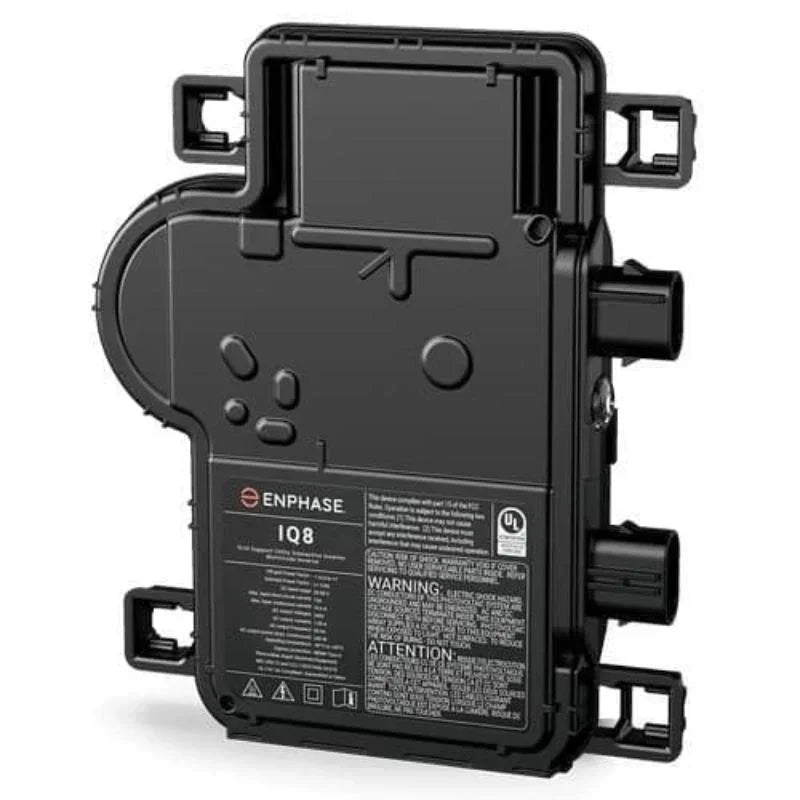 Enphase IQ8 microinverter black rectangular solar inverter with connectors and label