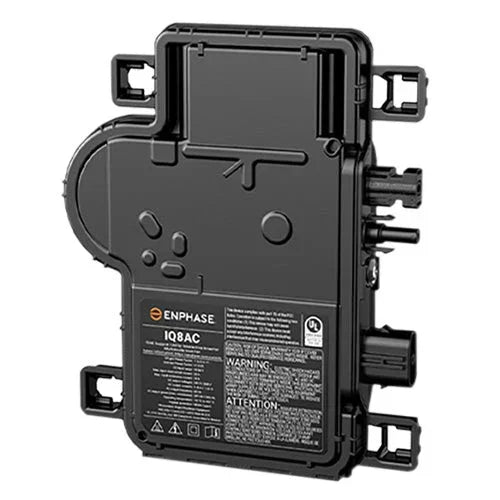 Enphase IQ8AC black solar microinverter with label and mounting brackets