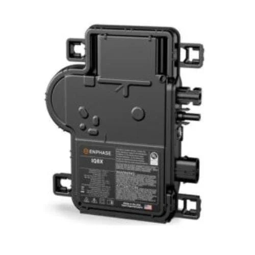 Enphase black solar microinverter with label, wall-mountable, electrical connectors visible