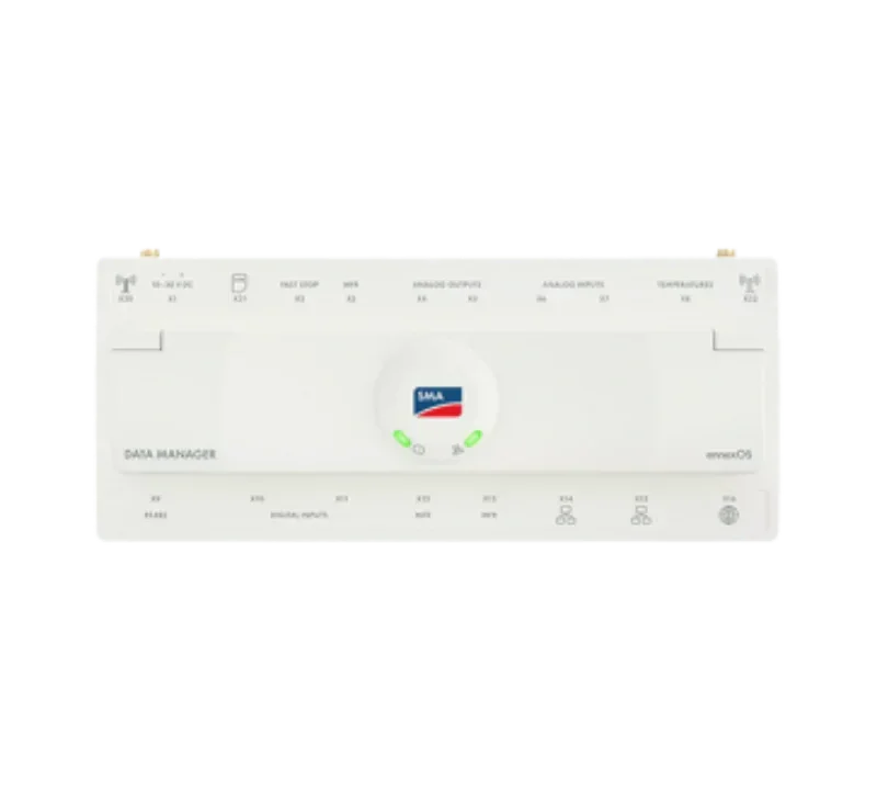 SMA Data Manager white front panel with ports and LED indicators for solar inverter systems