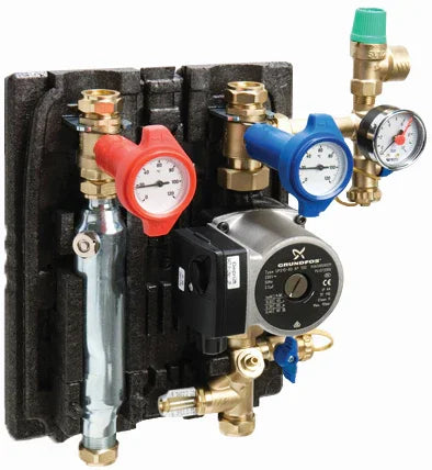 Grundfos pump station with integrated gauges, valves, and insulated mounting panel