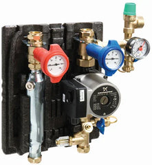 Grundfos pump station with integrated gauges, valves, and insulated mounting panel