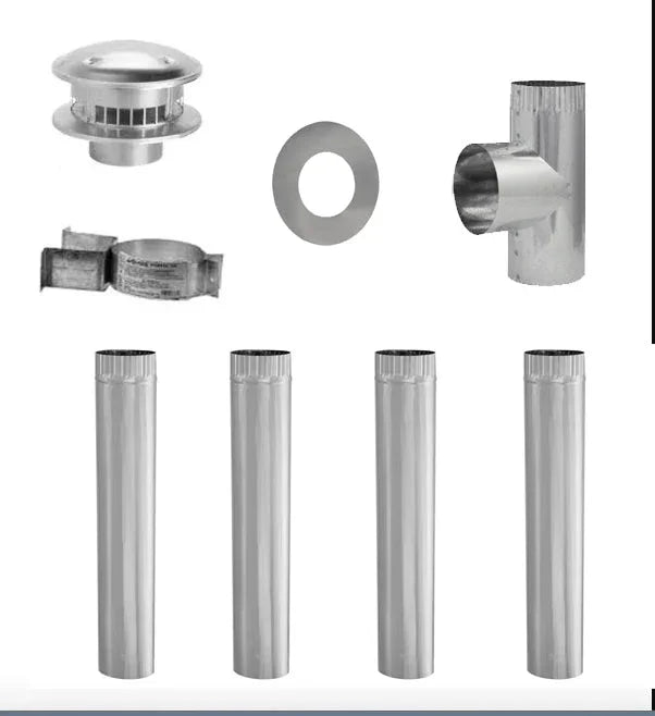 Standard vent kit with stainless steel pipes, T-joint, clamp, cap, and flange for ventilation.