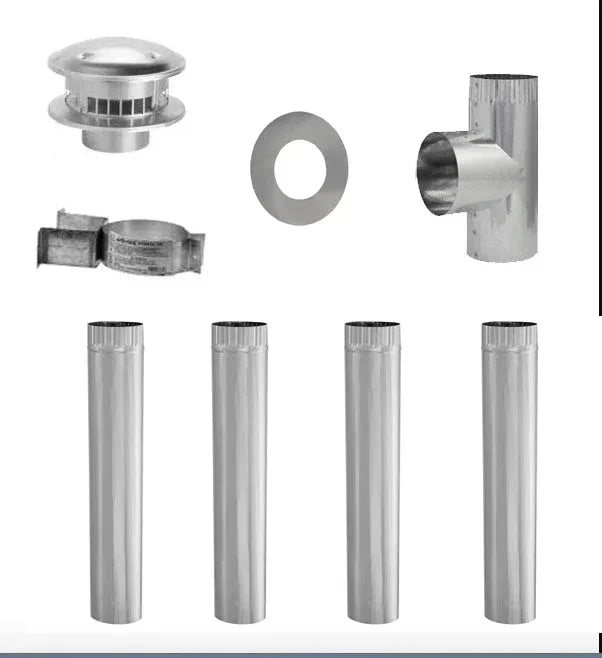 Standard vent kit with stainless steel pipes, T-joint, clamp, cap, and flange for ventilation.