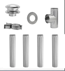 Standard vent kit with stainless steel pipes, T-joint, clamp, cap, and flange for ventilation.