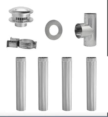 Standard vent kit with stainless steel pipes, T-joint, clamp, cap, and flange for ventilation.