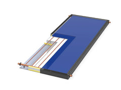 Cutaway view of a flat-plate solar panel showing internal copper piping and layers