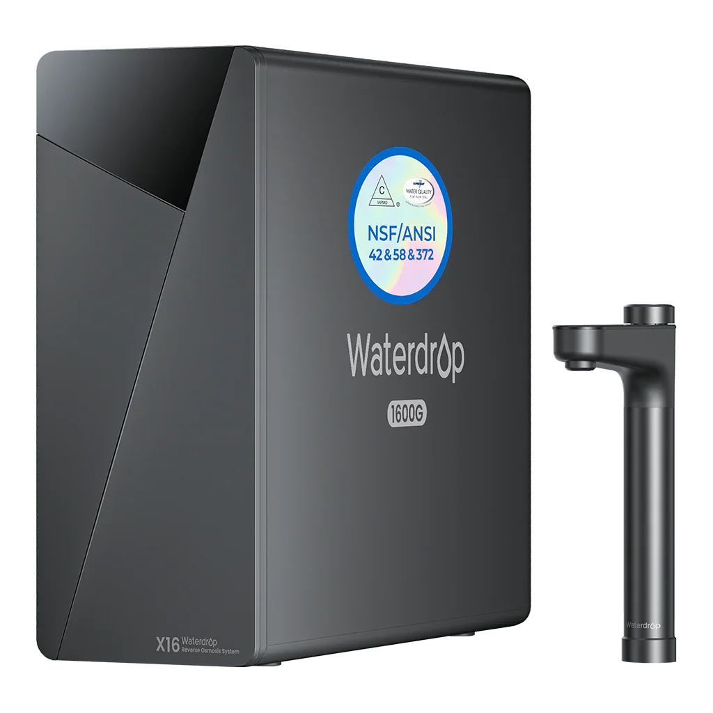 Waterdrop X16 NSF certified reverse osmosis water filtration system with black faucet