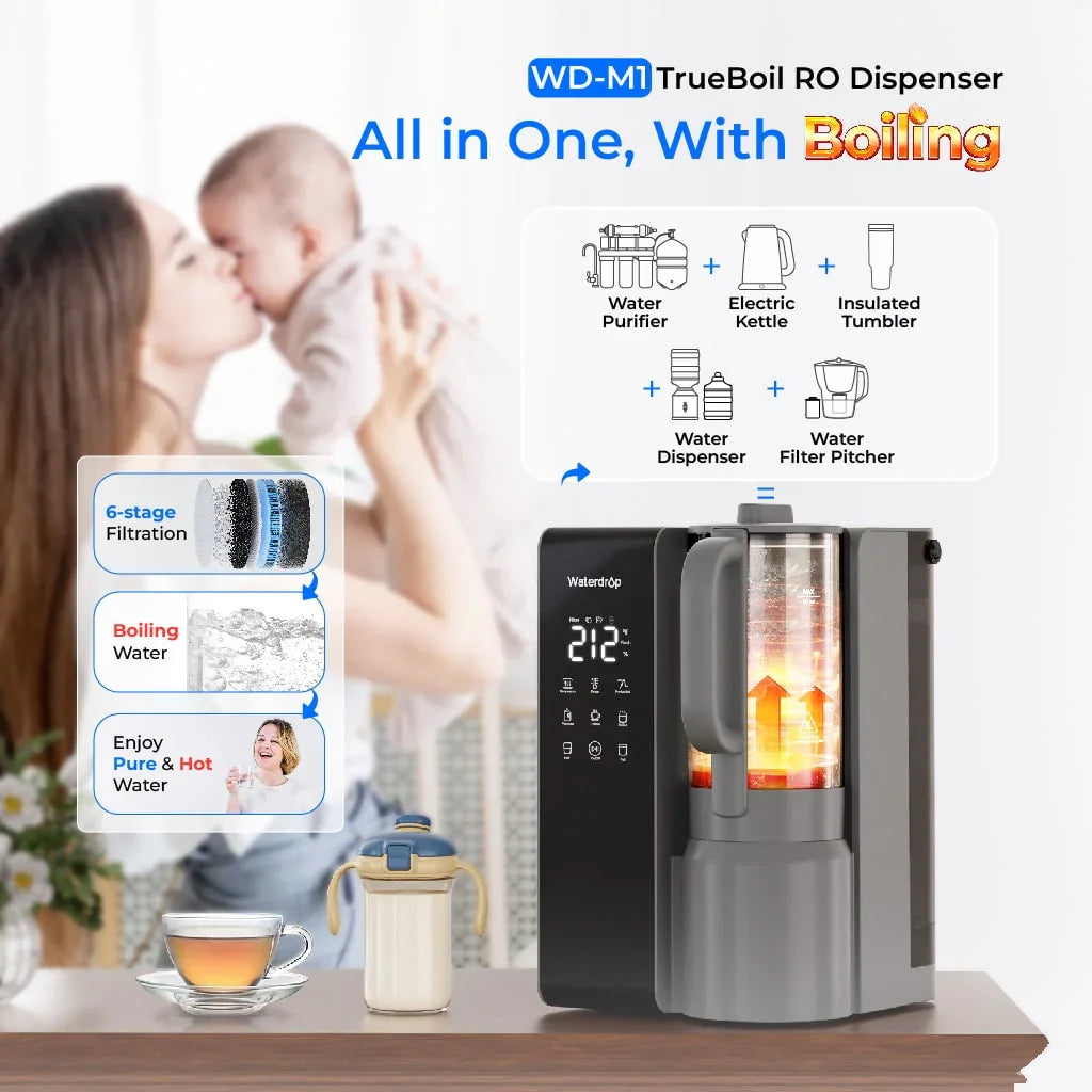 Waterdrop WD-M1 TrueBoil RO Dispenser with digital display and kettle on countertop, showing 6-stage filtration and boiling water, family in background.