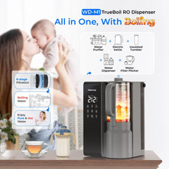 Waterdrop WD-M1 TrueBoil RO Dispenser with digital display and kettle on countertop, showing 6-stage filtration and boiling water, family in background.