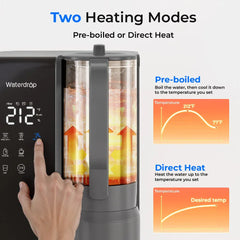 Waterdrop hot water dispenser with digital display, touch controls, glass tank, showing two heating modes