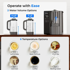 Wotancraft electric kettle with touch controls, two water volume options, and six temperature presets for beverages