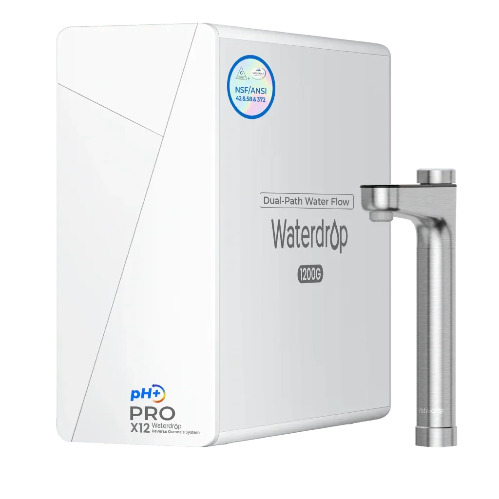 Waterdrop X12 Pro reverse osmosis system with white filter unit and stainless steel faucet