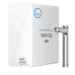 Waterdrop X12 Pro reverse osmosis system with white filter unit and stainless steel faucet