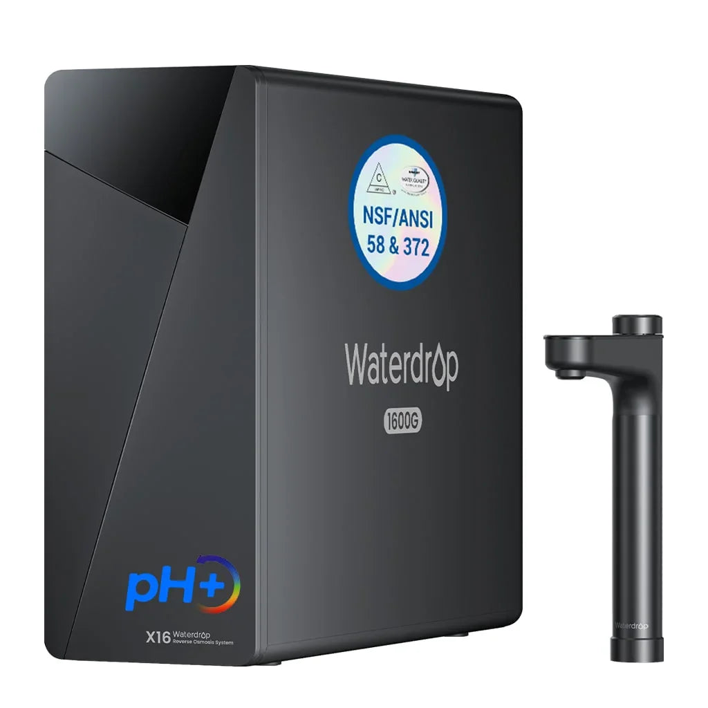 Waterdrop X16 reverse osmosis system with pH+ filter and sleek black faucet