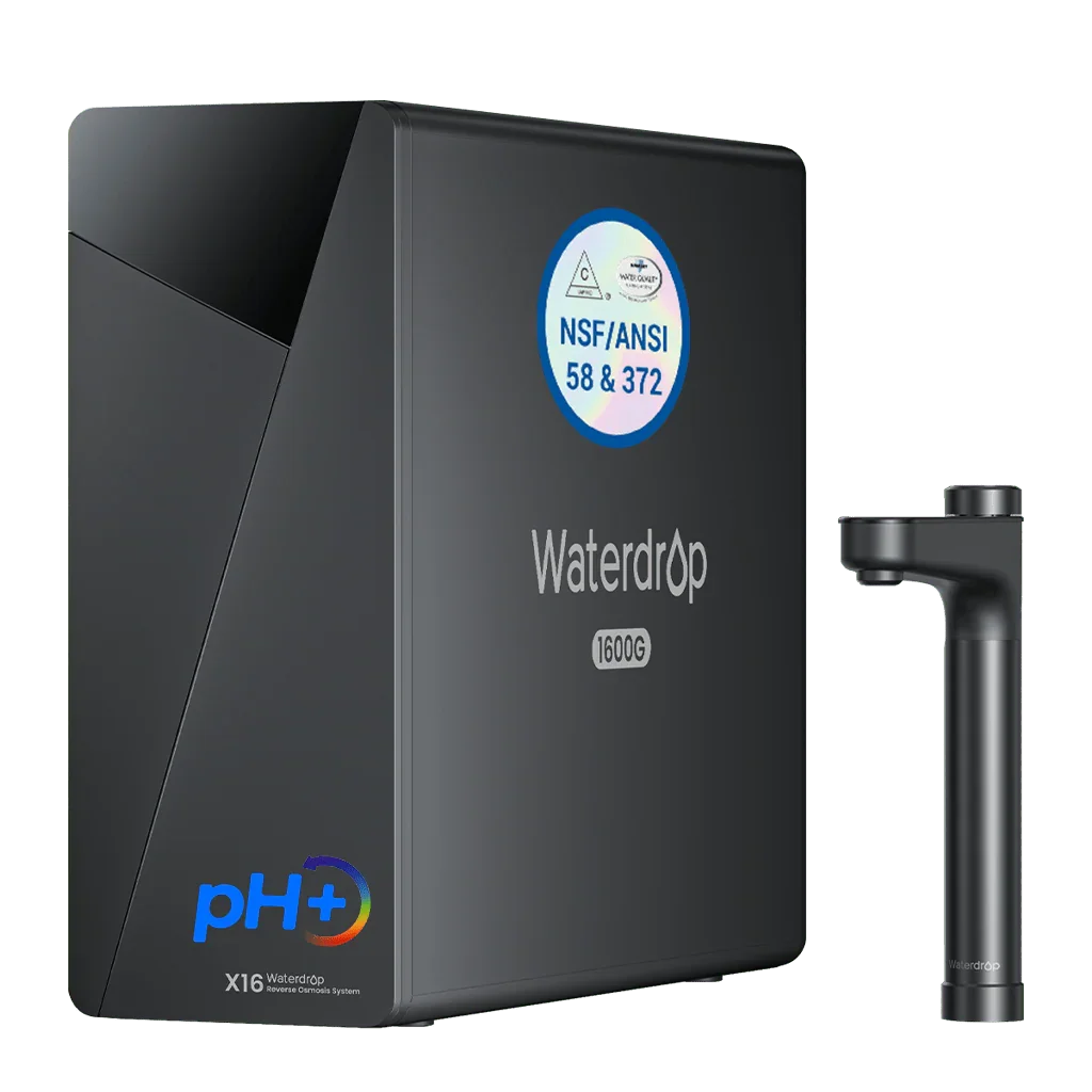 Waterdrop X16 reverse osmosis water filter system with black faucet and pH+ feature