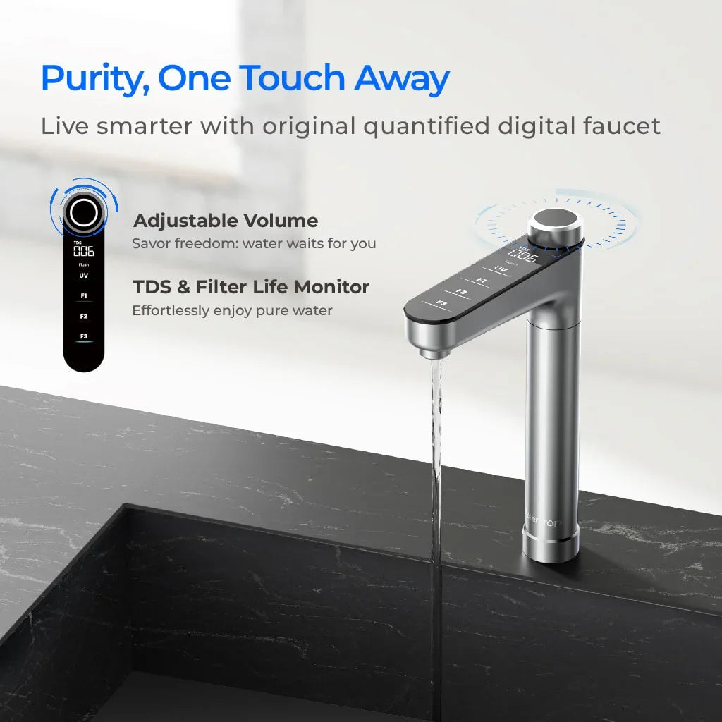 WD X16 digital water faucet with LED display, adjustable volume and filter monitor, on black sink