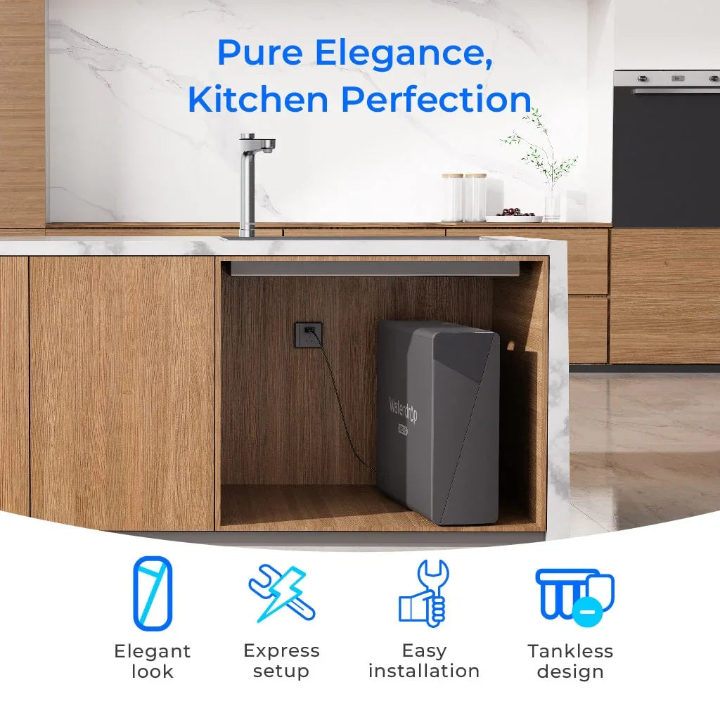 Waterdrop X16 under sink tankless water filter system in modern kitchen cabinet