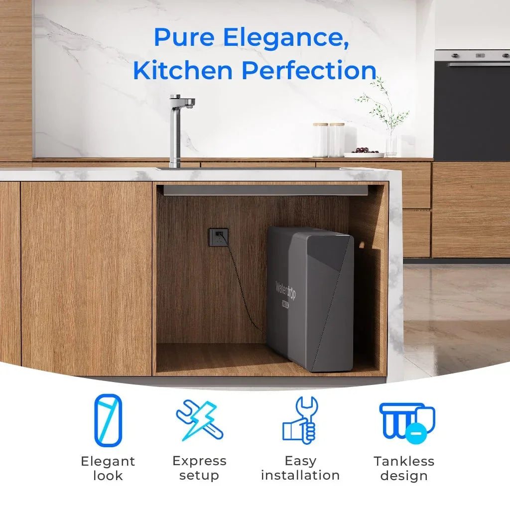 Waterdrop X16 under sink tankless water filter system in modern kitchen cabinet