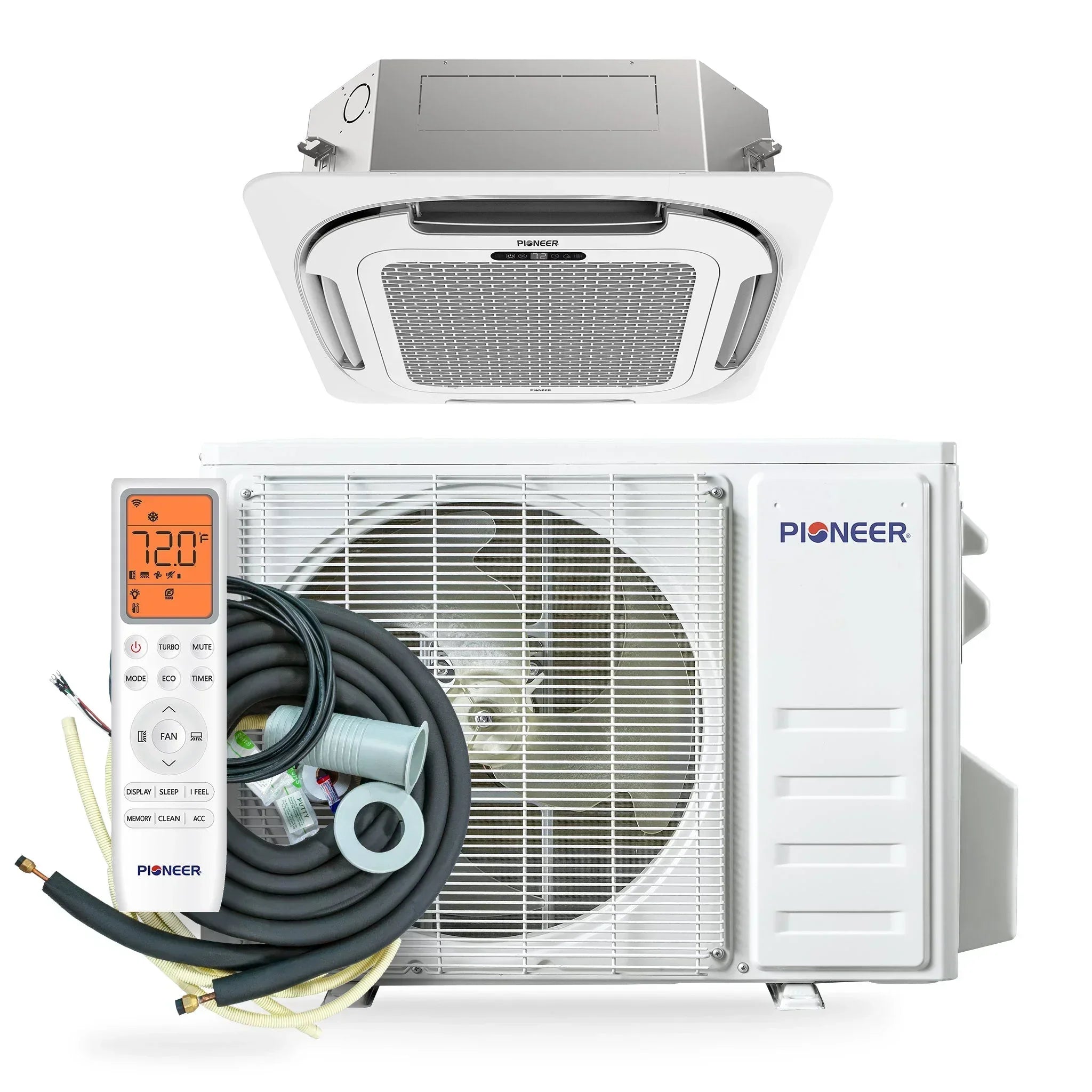 Pioneer® Quantum Ultra™ 9,500 BTU 23 SEER2 230V 8-Way Ceiling Cassette Ductless Mini-Split Air Conditioner Inverter Heat Pump Full Set - Green Vista Living