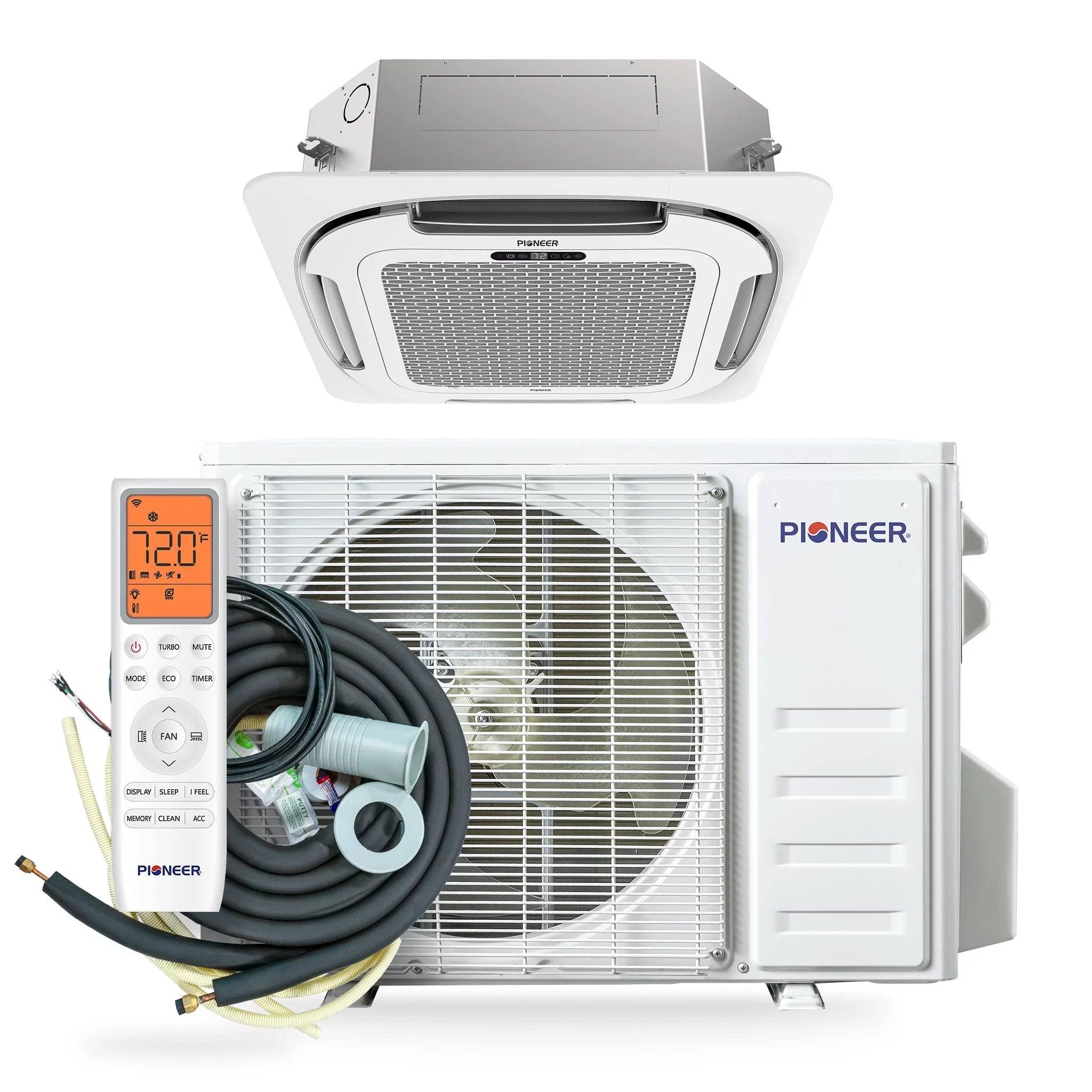 Pioneer® Quantum Ultra™ 12,000 BTU 21 SEER2 230V 8-Way Ceiling Cassette Ductless Mini-Split Air Conditioner Inverter Heat Pump Full Set - Green Vista Living