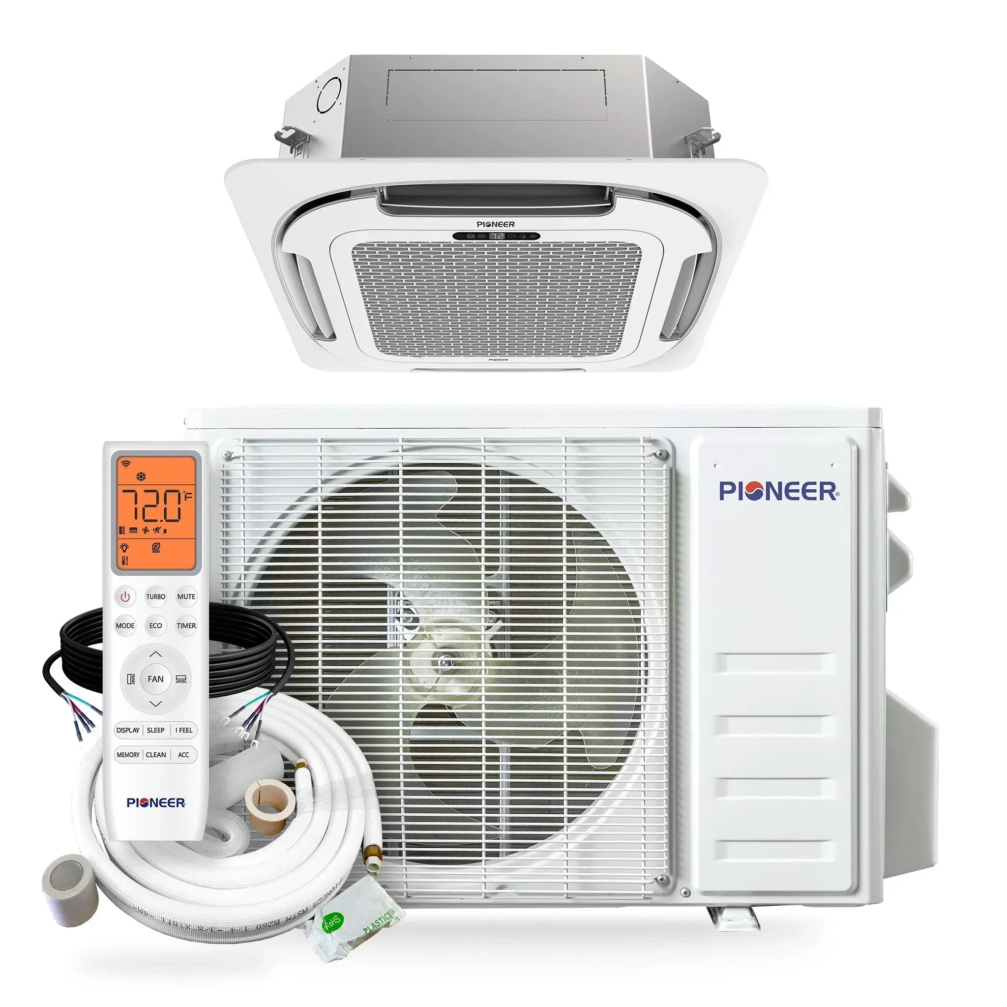 Pioneer® Quantum Ultra™ 9,500 BTU 23 SEER2 230V 8-Way Ceiling Cassette Ductless Mini-Split Air Conditioner Inverter Heat Pump Full Set - Green Vista Living