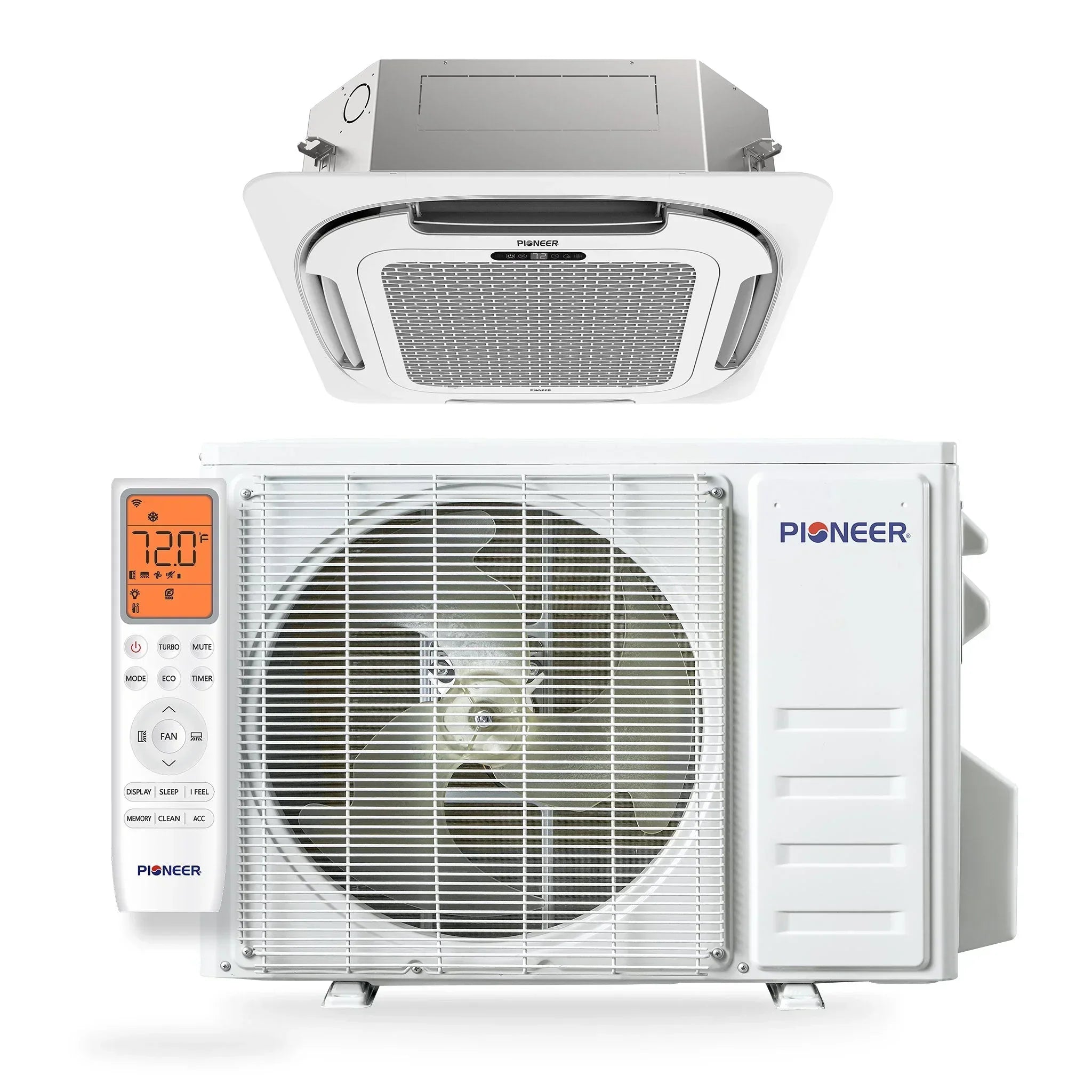 Pioneer® Quantum Ultra™ 9,500 BTU 23 SEER2 230V 8-Way Ceiling Cassette Ductless Mini-Split Air Conditioner Inverter Heat Pump Full Set - Green Vista Living