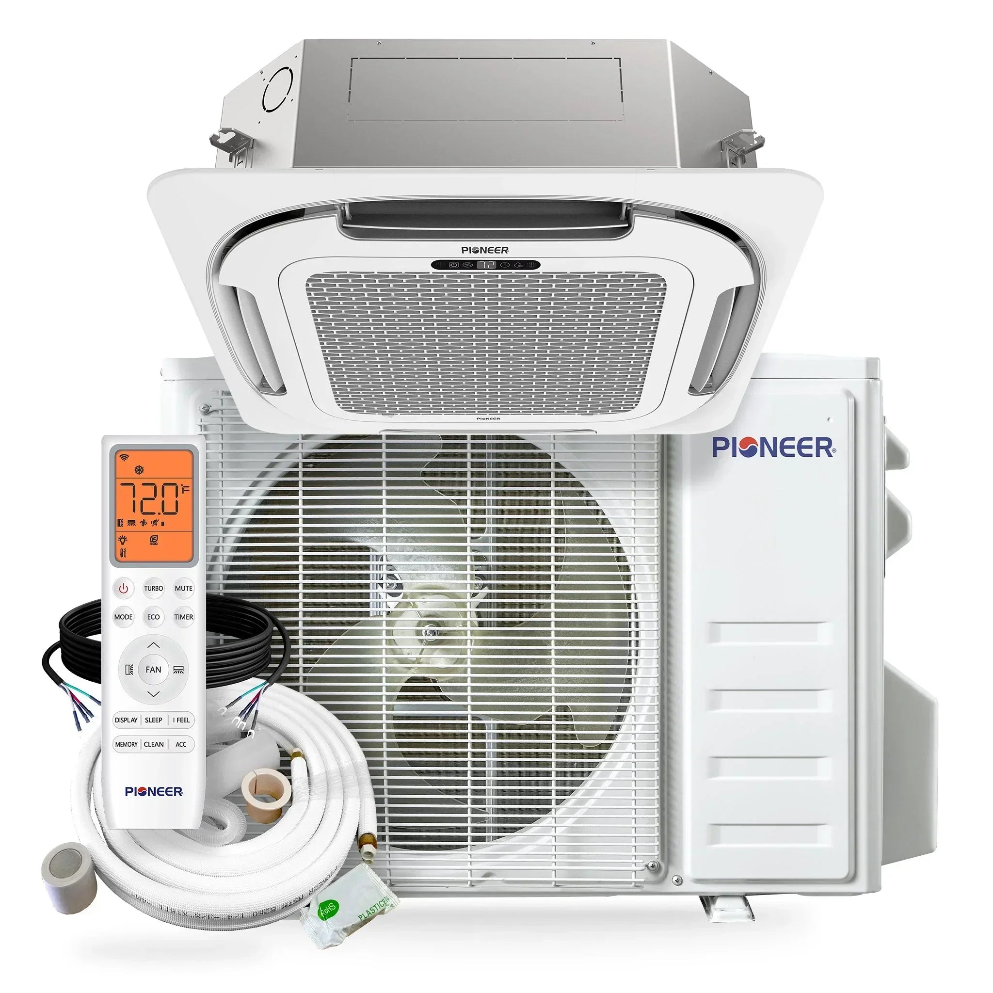 Pioneer® Quantum Ultra™ 23,000 BTU 22.5 SEER2 230V 8-Way Ceiling Cassette Ductless Mini-Split Air Conditioner Inverter Heat Pump Full Set - Green Vista Living