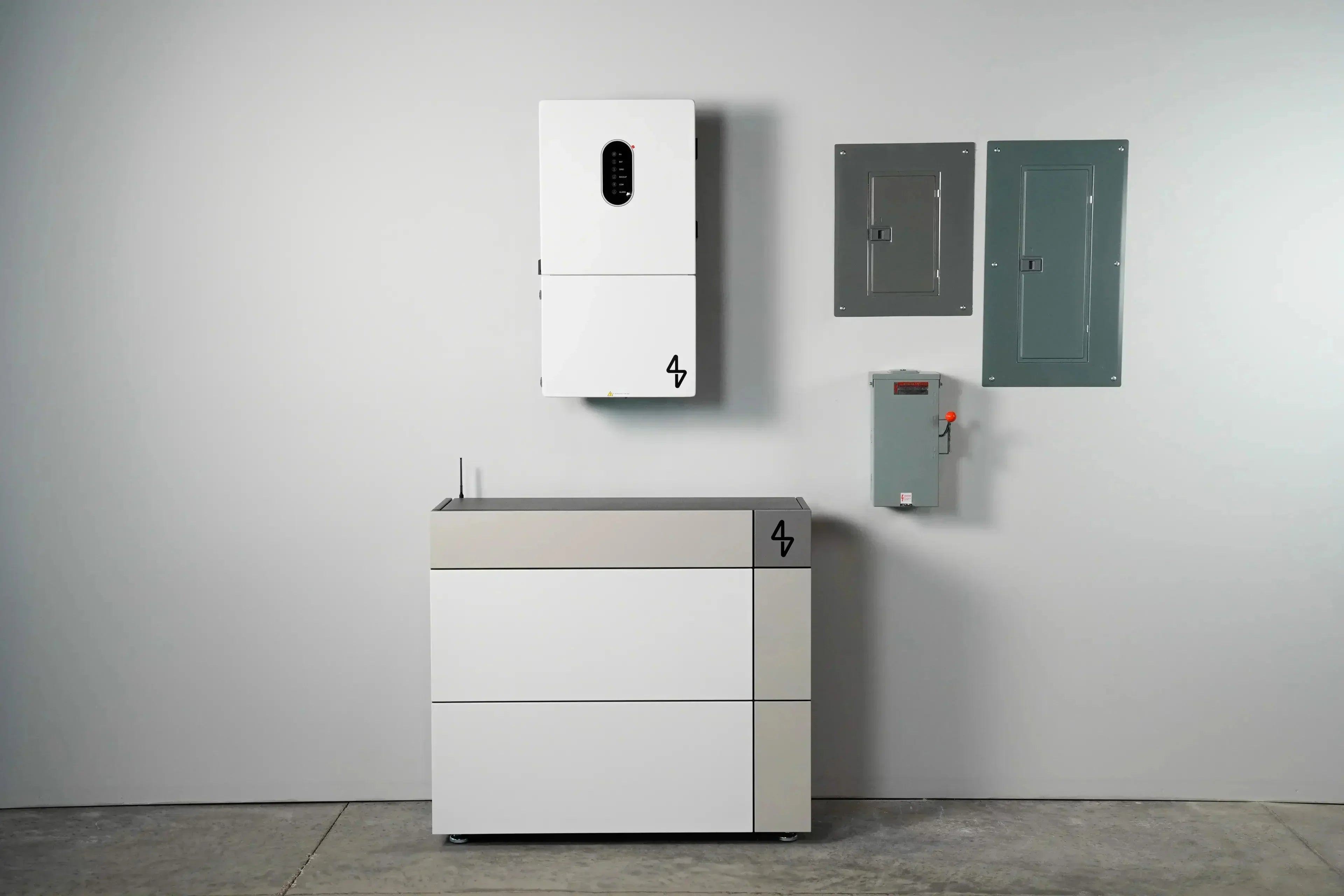 4V energy storage system with inverter, battery, and control panels mounted on wall
