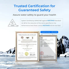 WD-X12W water purifier certifications, IAPMO and SGS certificates with ice mountain background