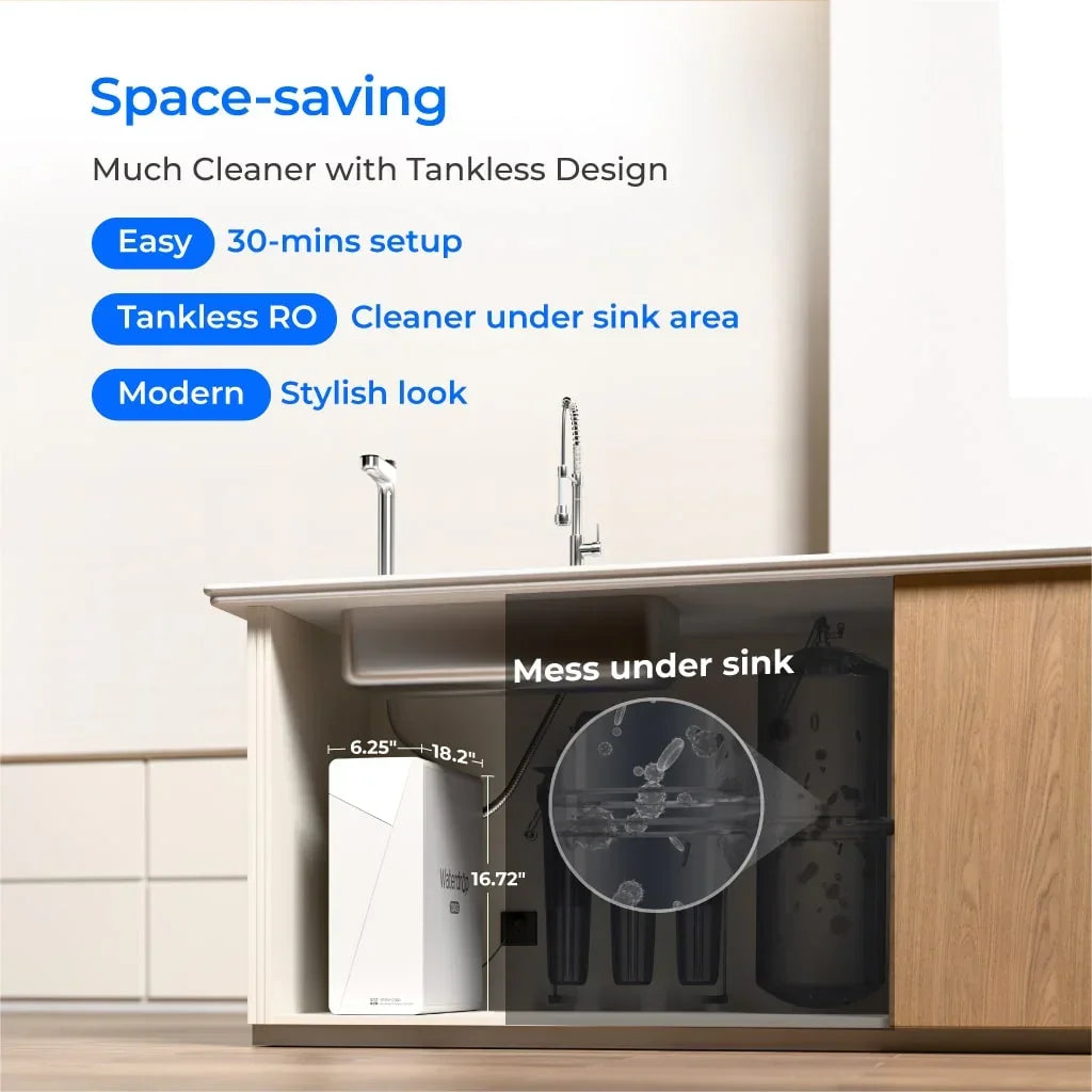 Waterdrop X12 Pro tankless RO system under sink, modern compact water filter design