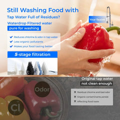 Waterdrop filtered water faucet used to wash red bell pepper, highlights 5-stage filtration and chlorine odor removal benefits