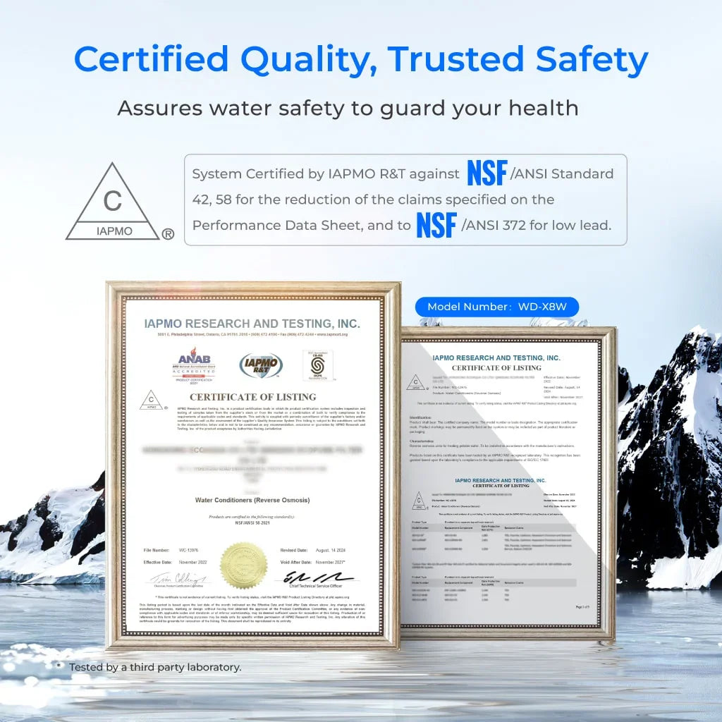 WD-X8W NSF certified water filter certificates with IAPMO listing frames on icy mountain background