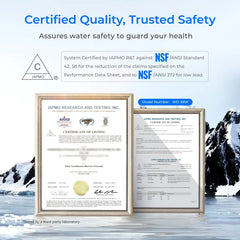 WD-X8W NSF certified water filter certificates with IAPMO listing frames on icy mountain background