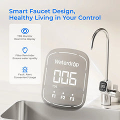 Waterdrop smart faucet with digital TDS monitor and filter reminder, installed on kitchen sink
