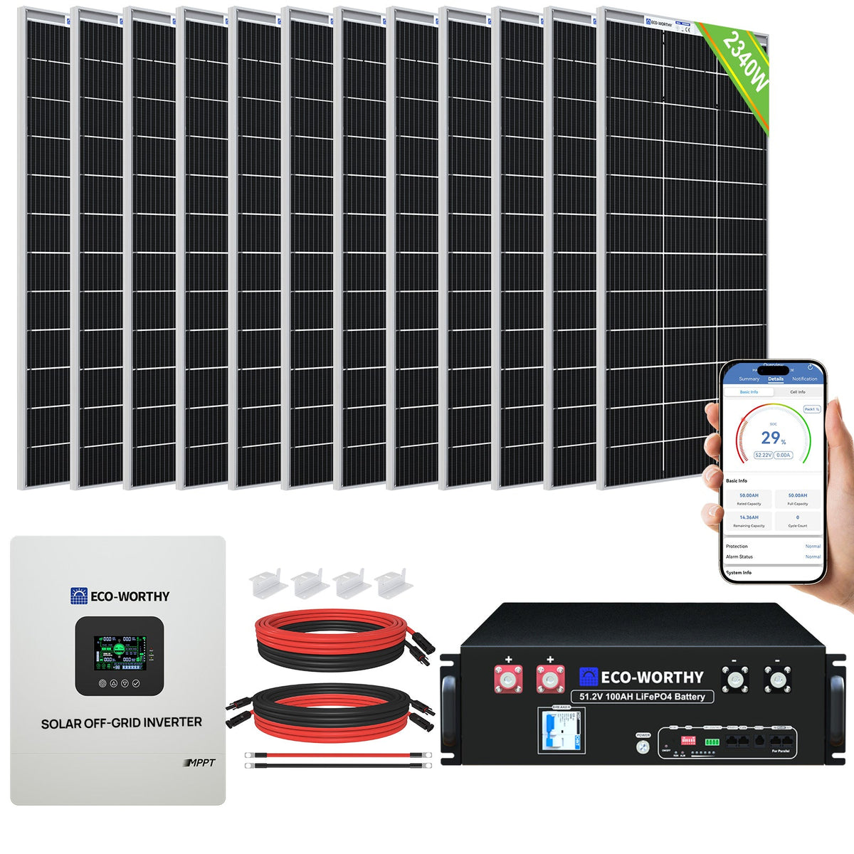 Eco-Worthy 2340W 48V (12×195W) Complete MPPT Off-Grid Solar Kit | 5kW Inverter + 48V 100Ah Rack Battery