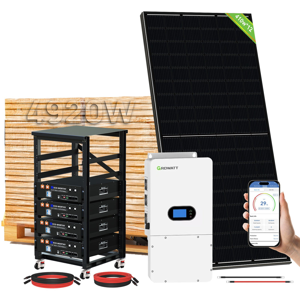 ECO-WORTHY Home Hybrid Solar Power System: 10KW GROWATT 120V/240V Output+ 20.48kWh Lithium Battery (4*48v 100Ah)+ 4920W Solar Panel (12*410W)