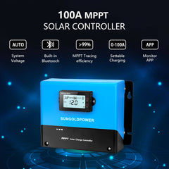 SunGold Power 100A MPPT Solar Charge Controller | 99.9% Efficient | Auto-Detect 12V/24V/36V/48V | Bluetooth Monitoring | Parallel Power Function