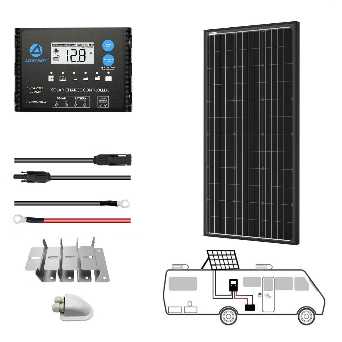 ACOPOWER 100W Mono Solar RV Kits + MPPT / PWM Charge Controller