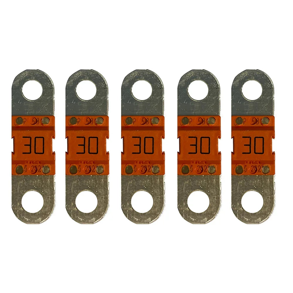 Blue Sea 30 amp fuse set, orange and silver, five blade fuses for inverter or battery