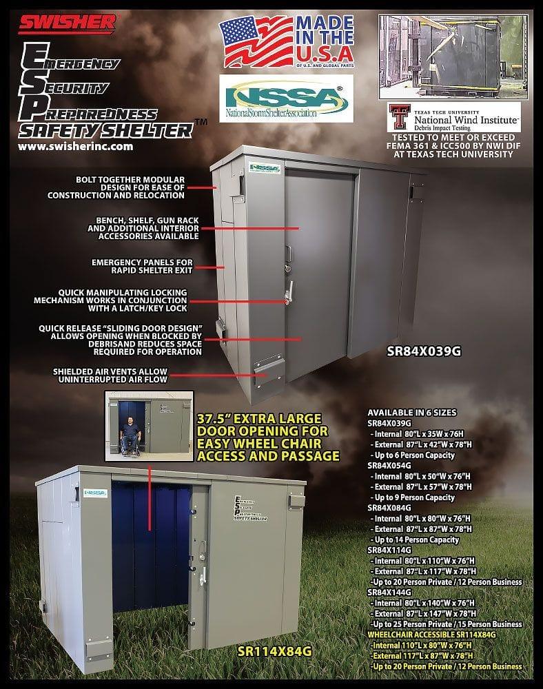 Swisher ESP Safety Shelter- 20 Person Private / 12 Person Business - Green Vista Living