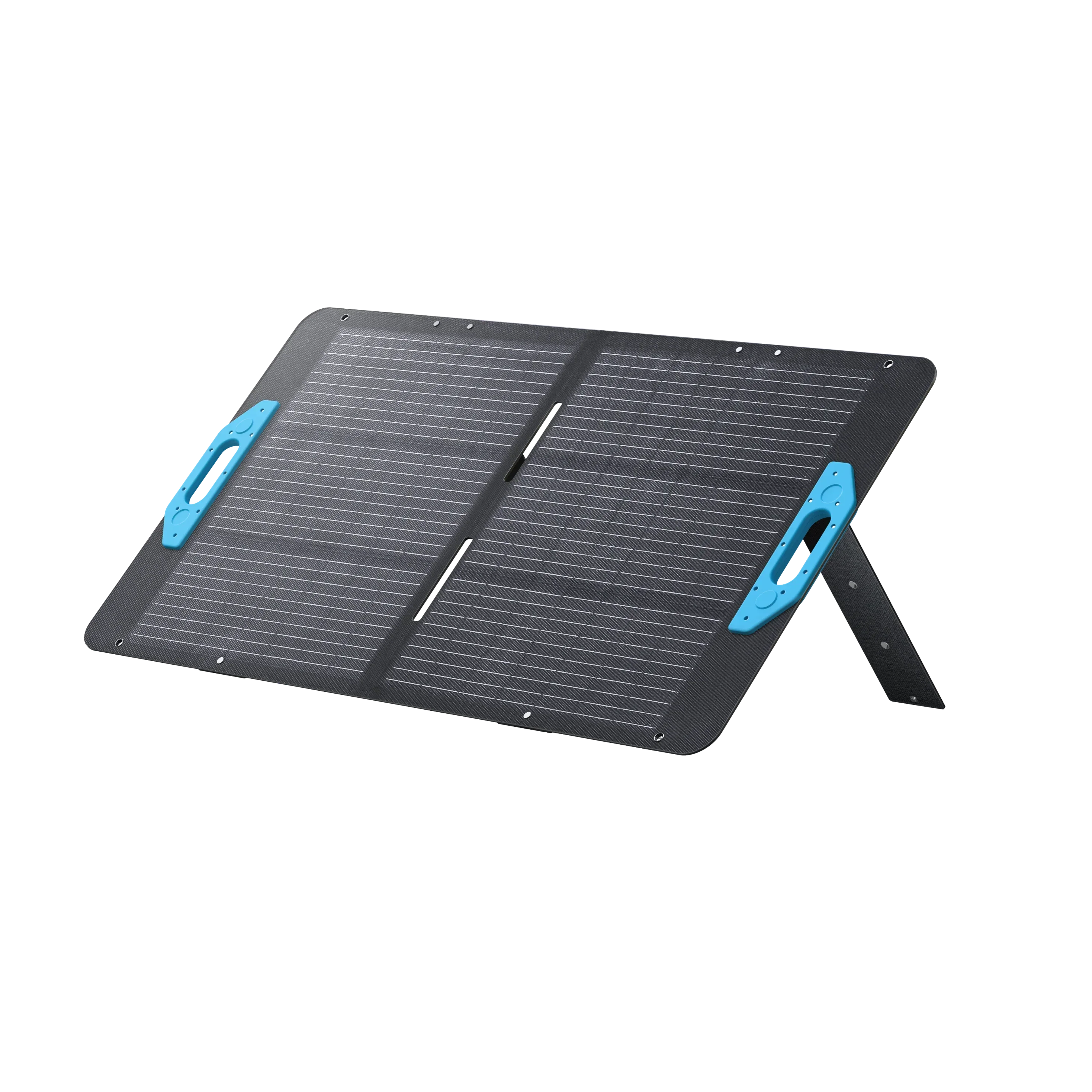 EcoFlow portable solar panel with blue handles and integrated kickstand, black background