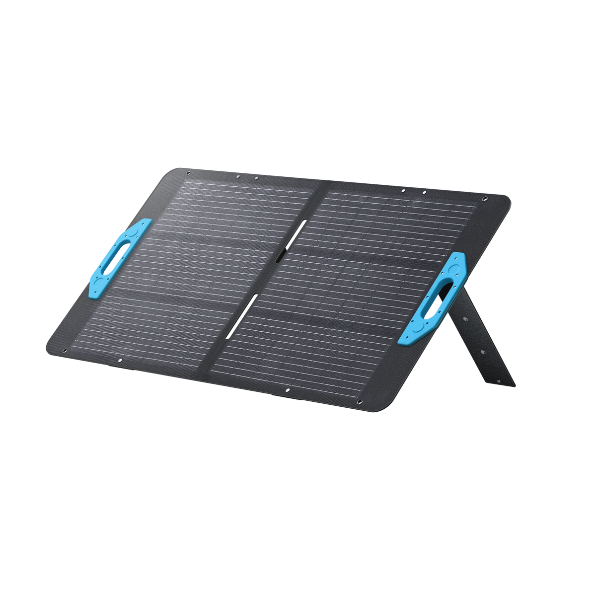 EcoFlow portable solar panel with blue handles and integrated kickstand, black background
