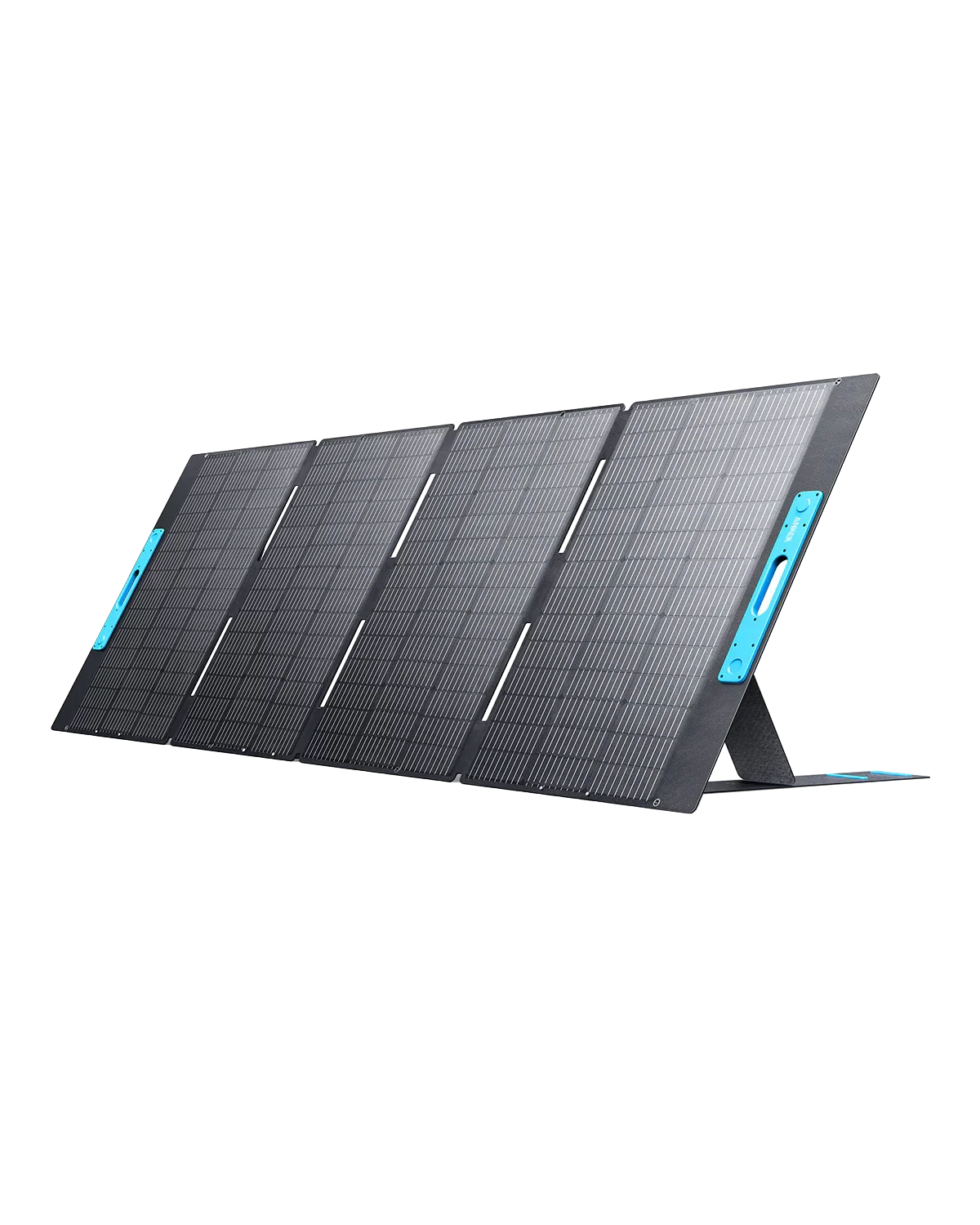 EcoFlow portable folding solar panel with black cells and blue accents on white background