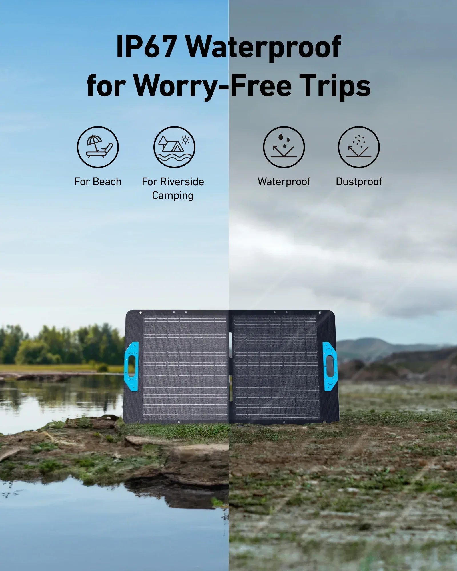 Portable solar panel by a riverbank, featuring IP67 waterproof and dustproof design for camping